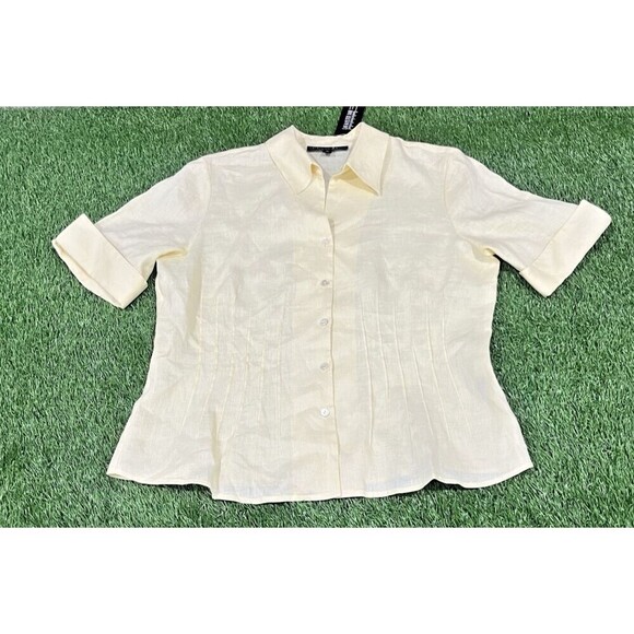 LAFAYETTE 148 Button-Up Short Sleeve Fitted Blue Top Pintuck 100% Linen Size 12 - Picture 1 of 11